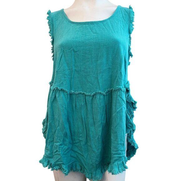 Umgee Small Linen Blend Teal Raw Hem Sleeveless Blouse Side Slits Relaxed Top - Picture 1 of 6